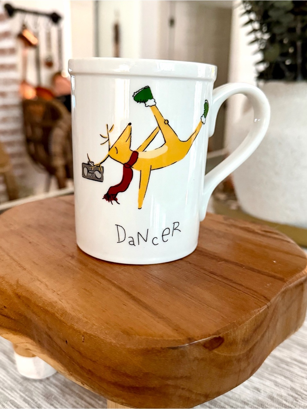 Pottery Barn “Dancer” reindeer mug, White porcelain.